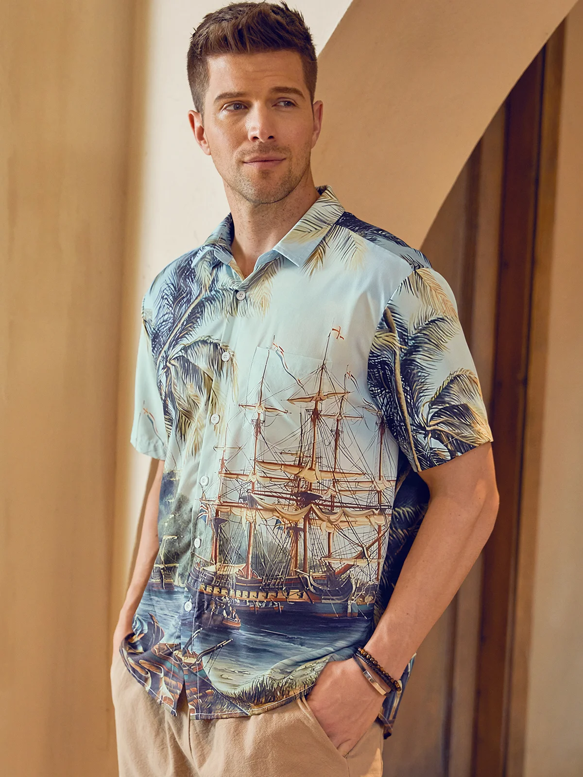 Coconut Tree Chest Pocket Short Sleeve Hawaiian Shirt