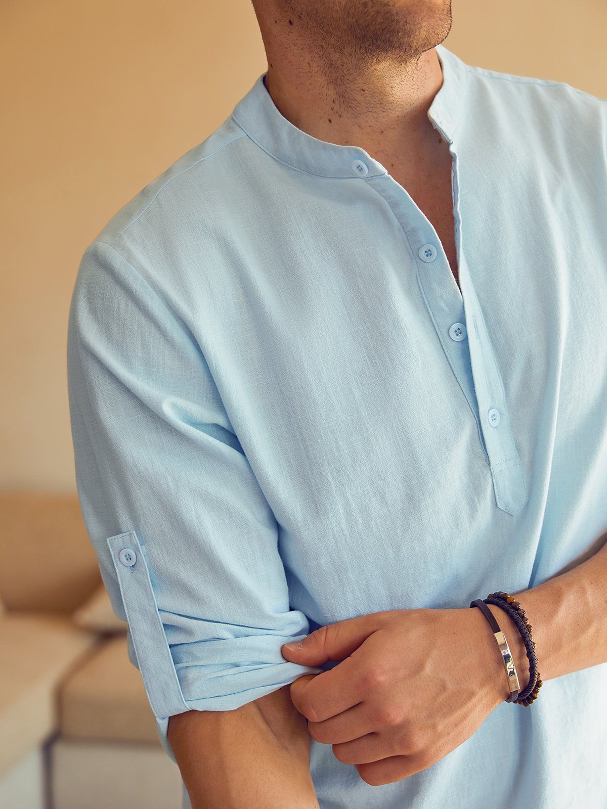 Hardaddy Cotton Linen Plain Color Casual Light Blue Regular Fit Long Sleeve Shirt Hawaiian Shirts For Men