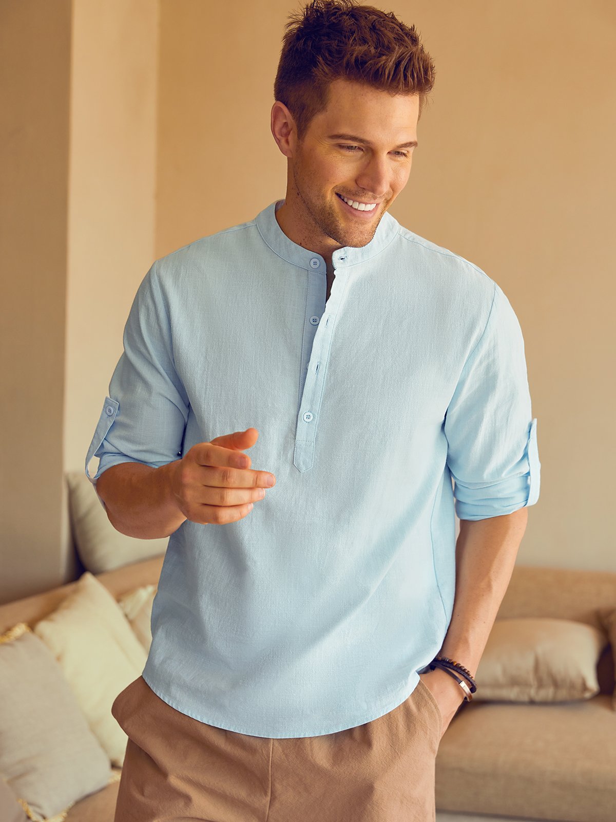 Hardaddy Cotton Linen Plain Color Casual Light Blue Regular Fit Long Sleeve Shirt Hawaiian Shirts For Men