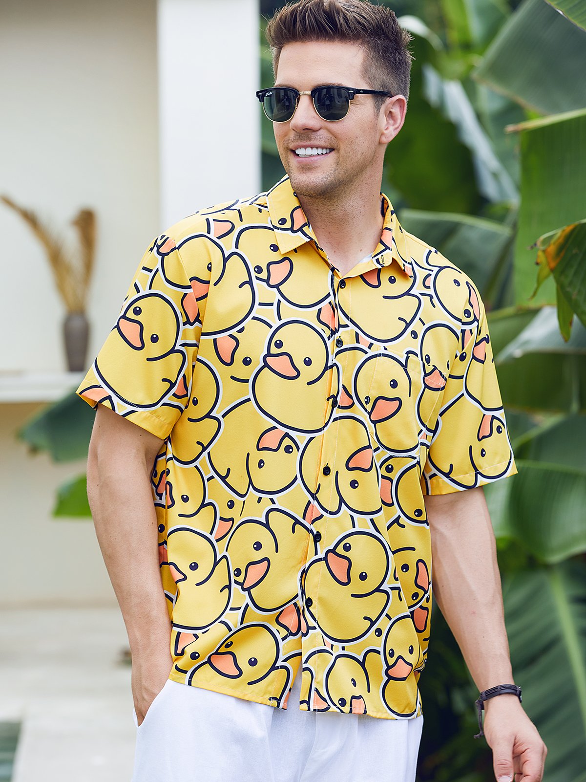 Hardaddy Yellow Duck Chest Pocket Short Sleeves Casual Shirt