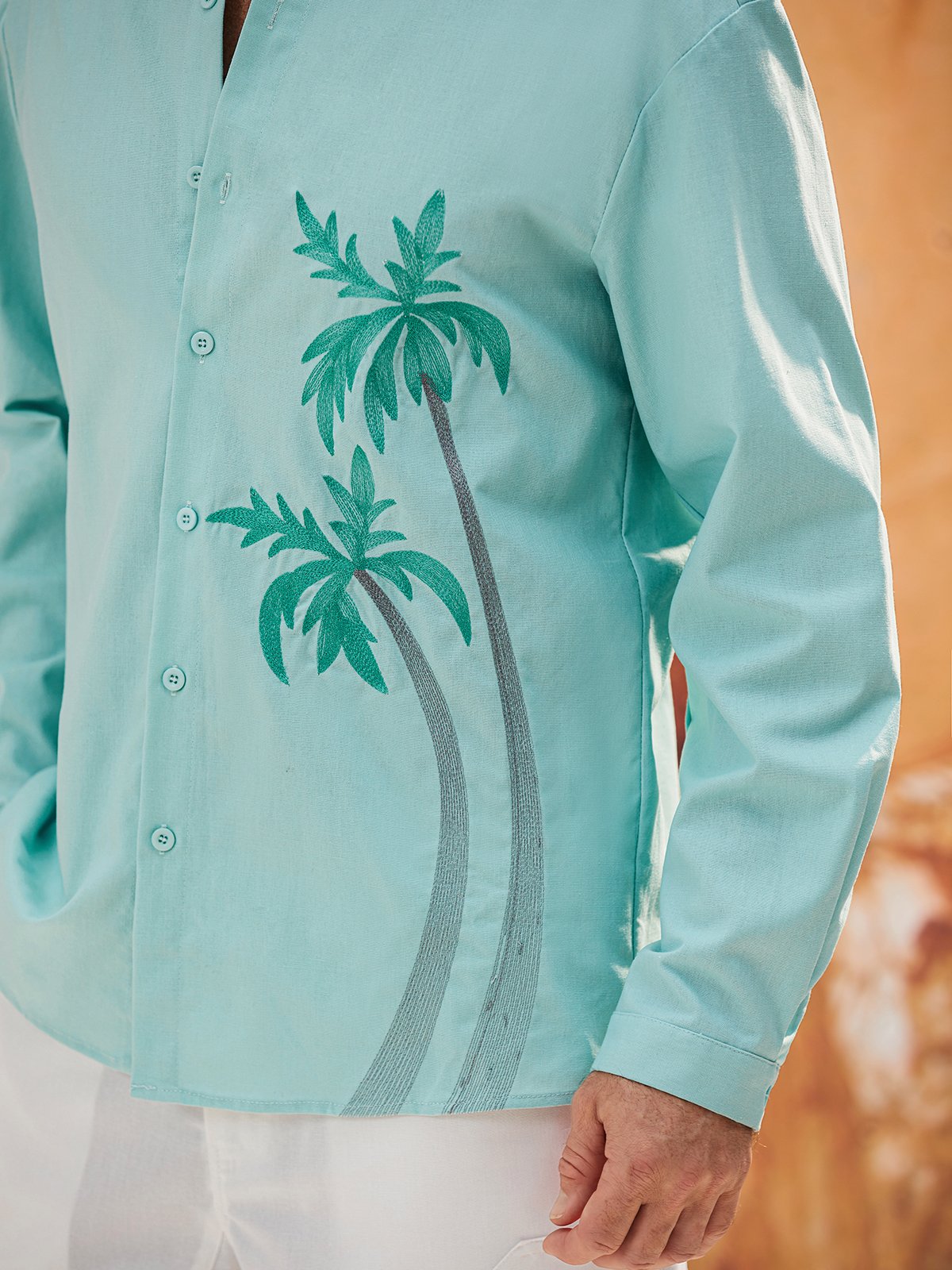 Hardaddy Cotton Coconut Tree Embroidered Long Sleeve Shirt