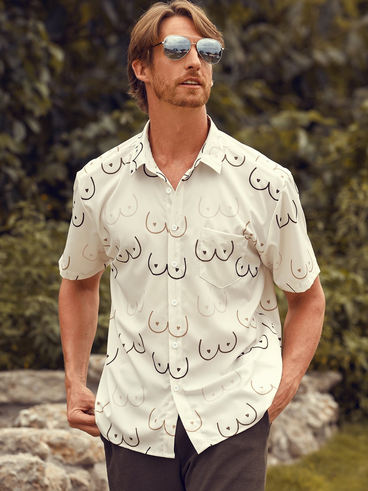 Hardaddy Hawaiian Button Down Geometric Line Drawing Chest Pocket Short Sleeve Casual Shirt