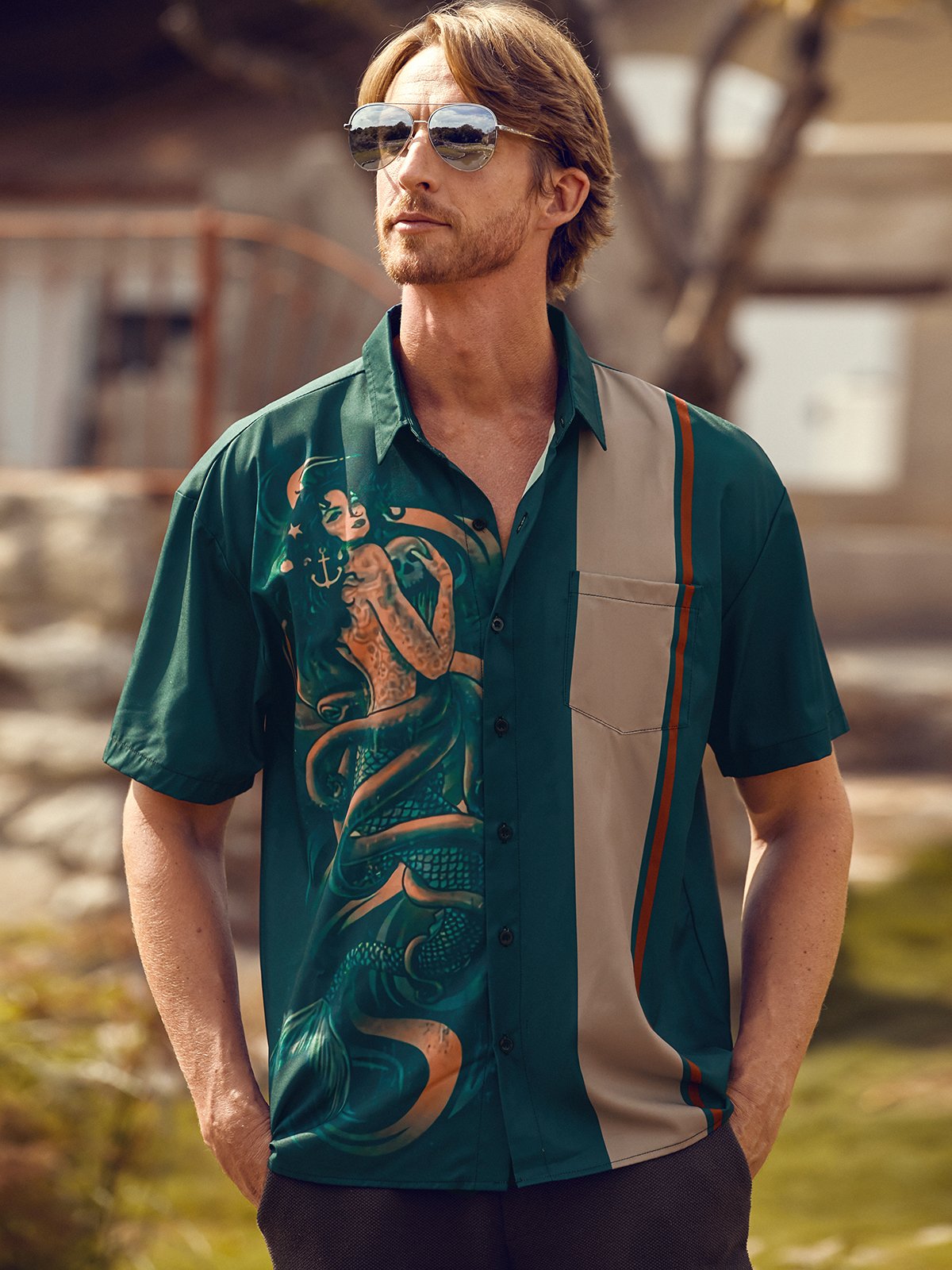 Hardaddy Mermaid Chest Pocket Short Sleeve Bowling Shirt