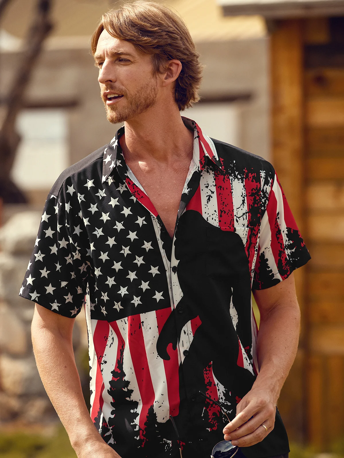 Flag Chest Pocket Short Sleeves Casual Shirt