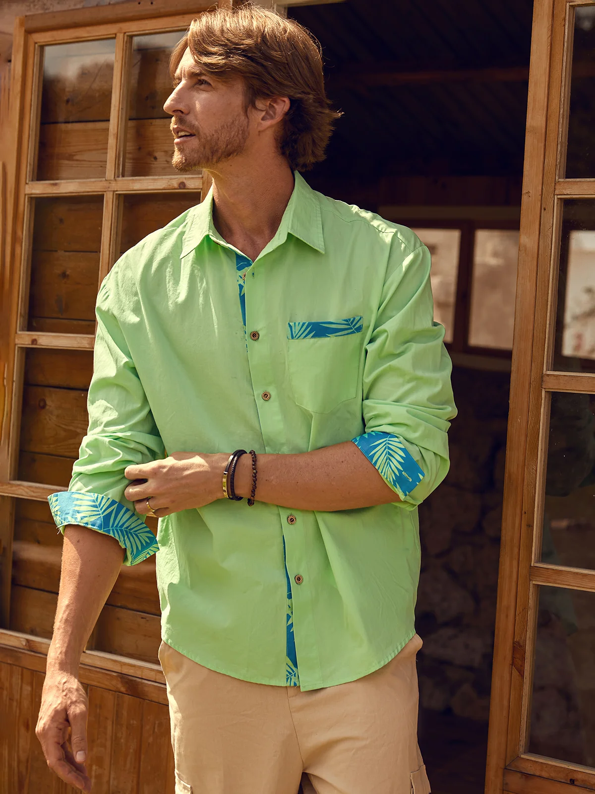 Hardaddy 100% Cotton Botanical Contrast Long Sleeve Green Regular Fit Shirt
