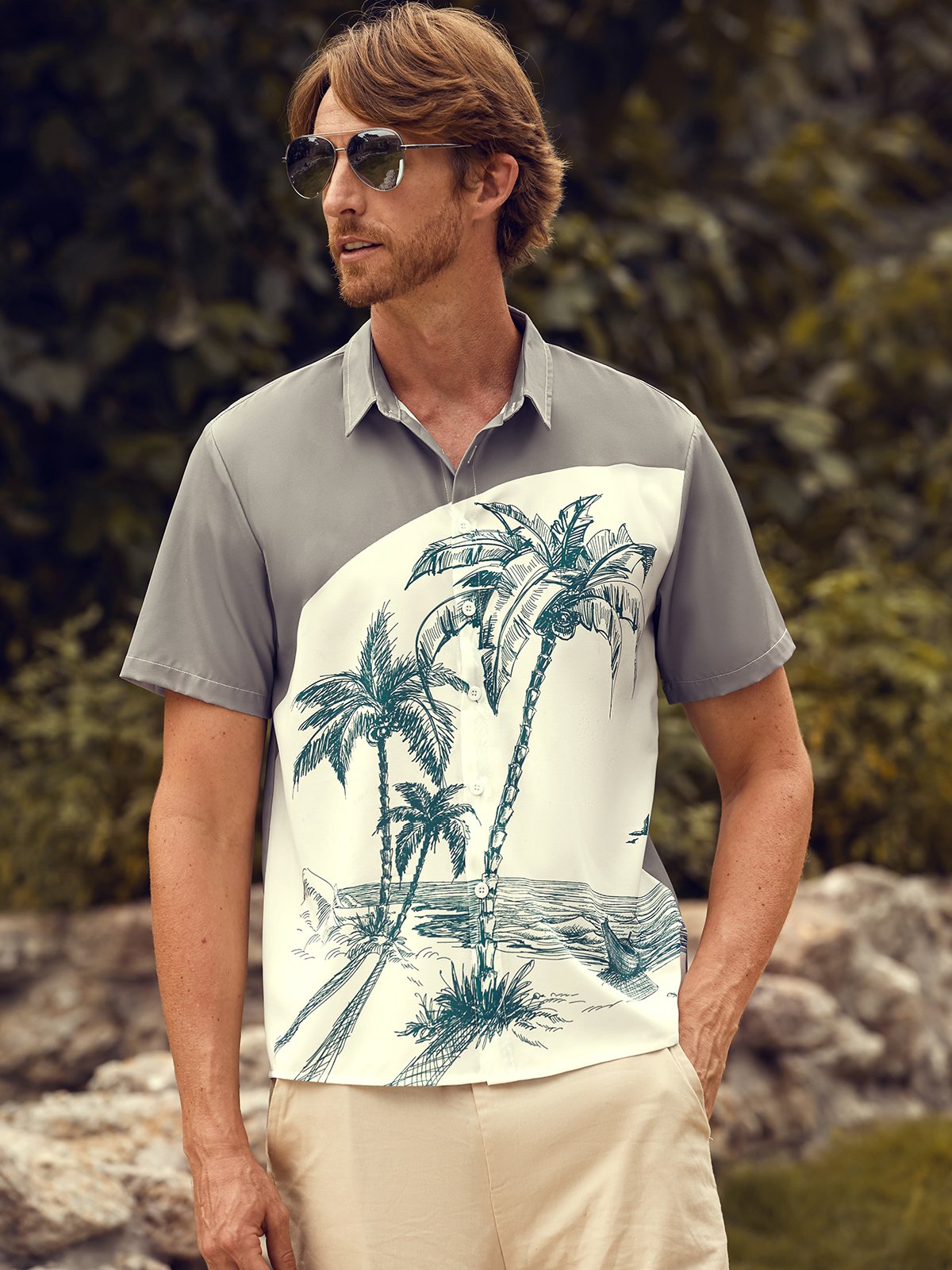 Hardaddy Mens Coconut Print Lapel Loose Short Sleeve Trendy Hawaiian Shirt