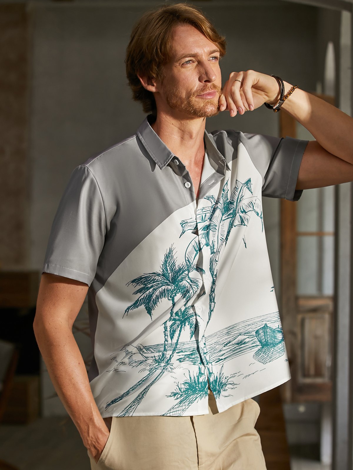 Hardaddy Mens Coconut Print Lapel Loose Short Sleeve Trendy Hawaiian Shirt