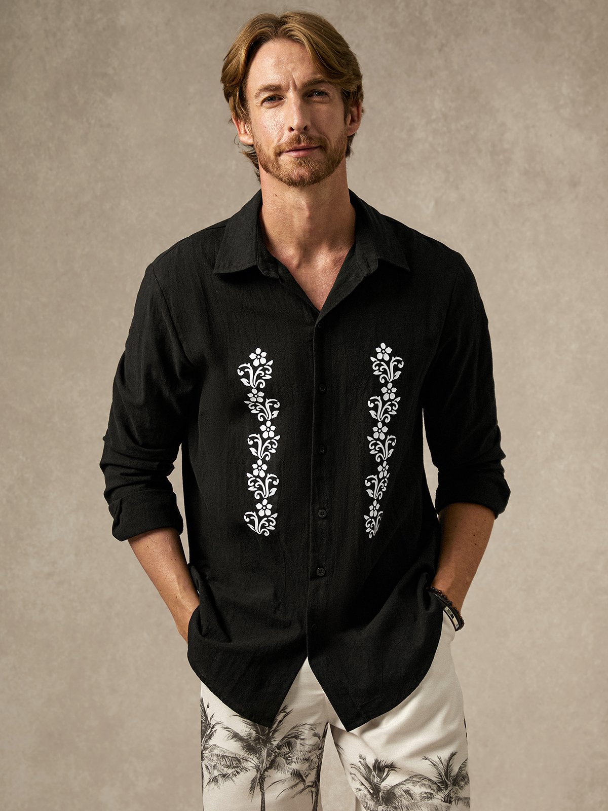 Hardaddy Cotton Floral Long Sleeve Casual Shirt