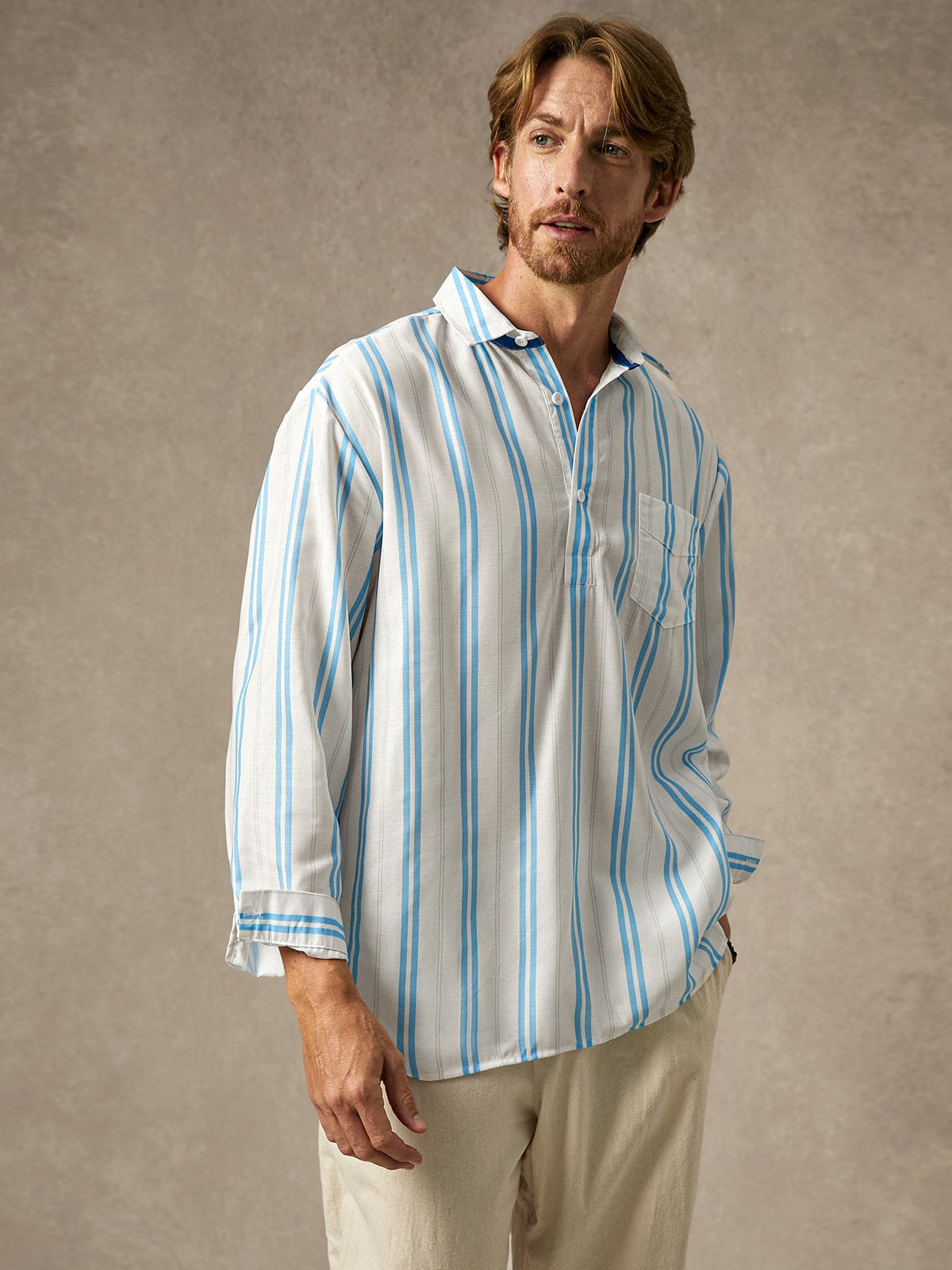 Hardaddy Striped Chest Pocket Long Sleeve Henley Shirt