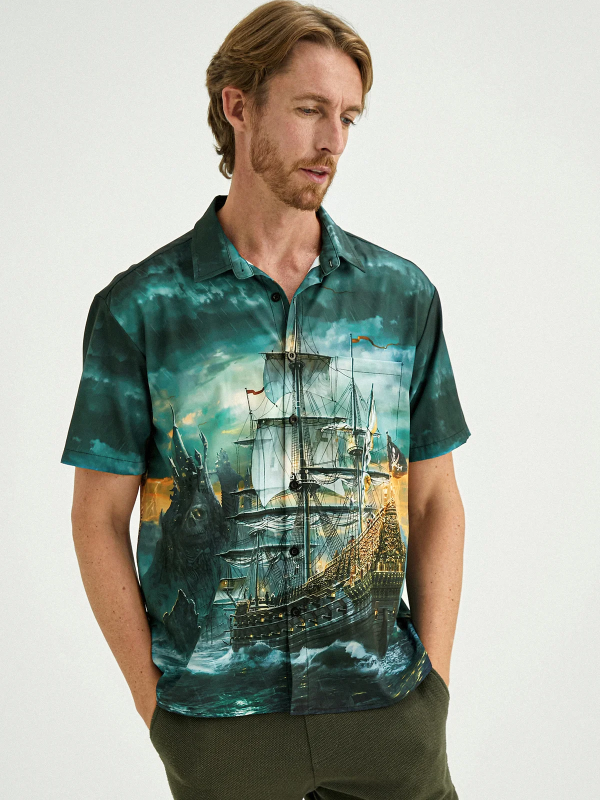 Hardaddy Nautical Button Down Shirts Corsair Chest Pocket Short Sleeve Hawaiian Shirt