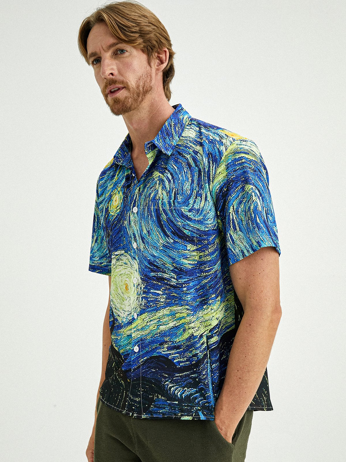 Hardaddy Mens Retro Van Gogh The Starry Night Lapel Loose Short Sleeve Funky Hawaiian Shirt