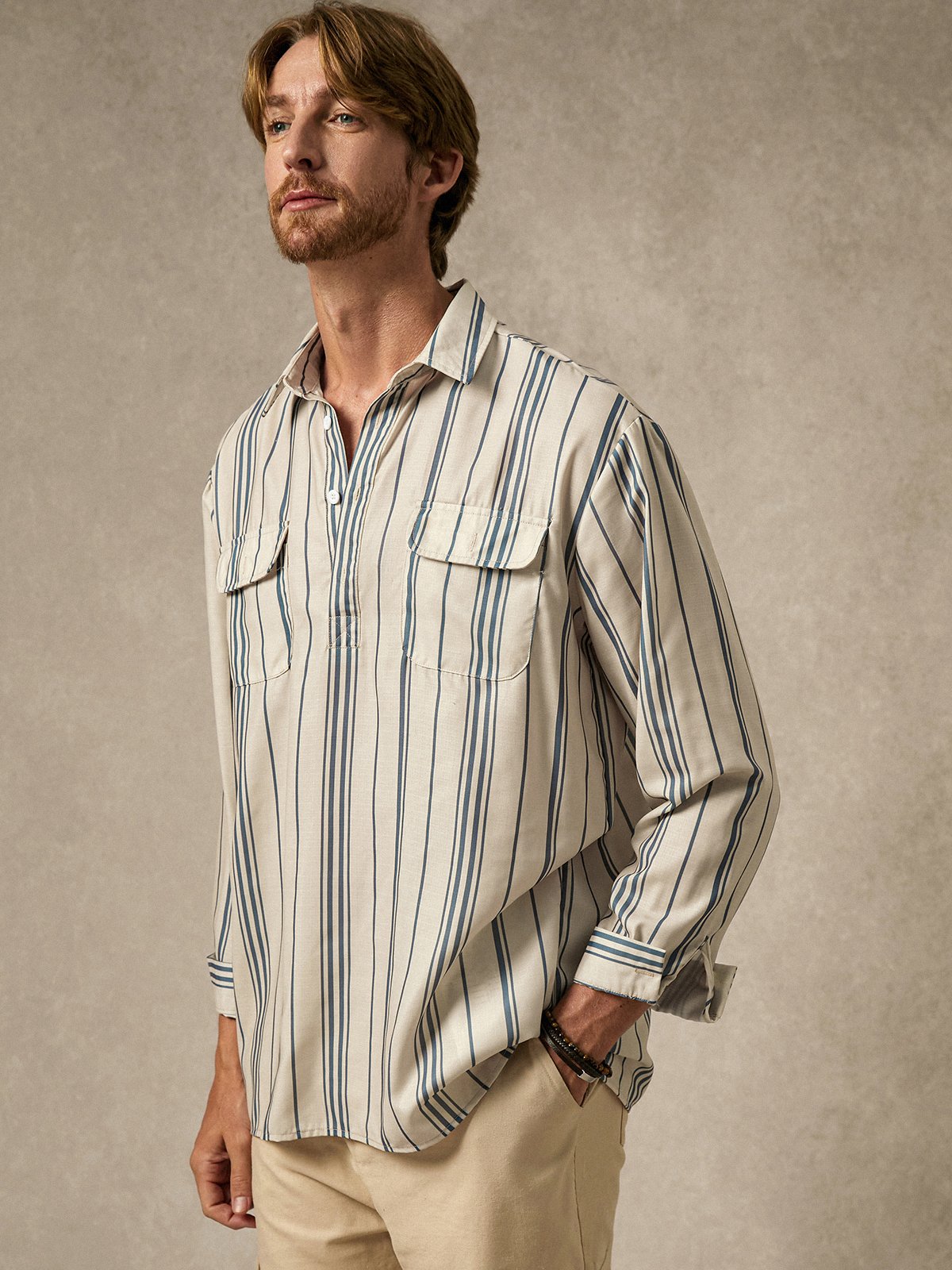 Hardaddy Stripes Flap Pockets Long Sleeve Casual Shirt