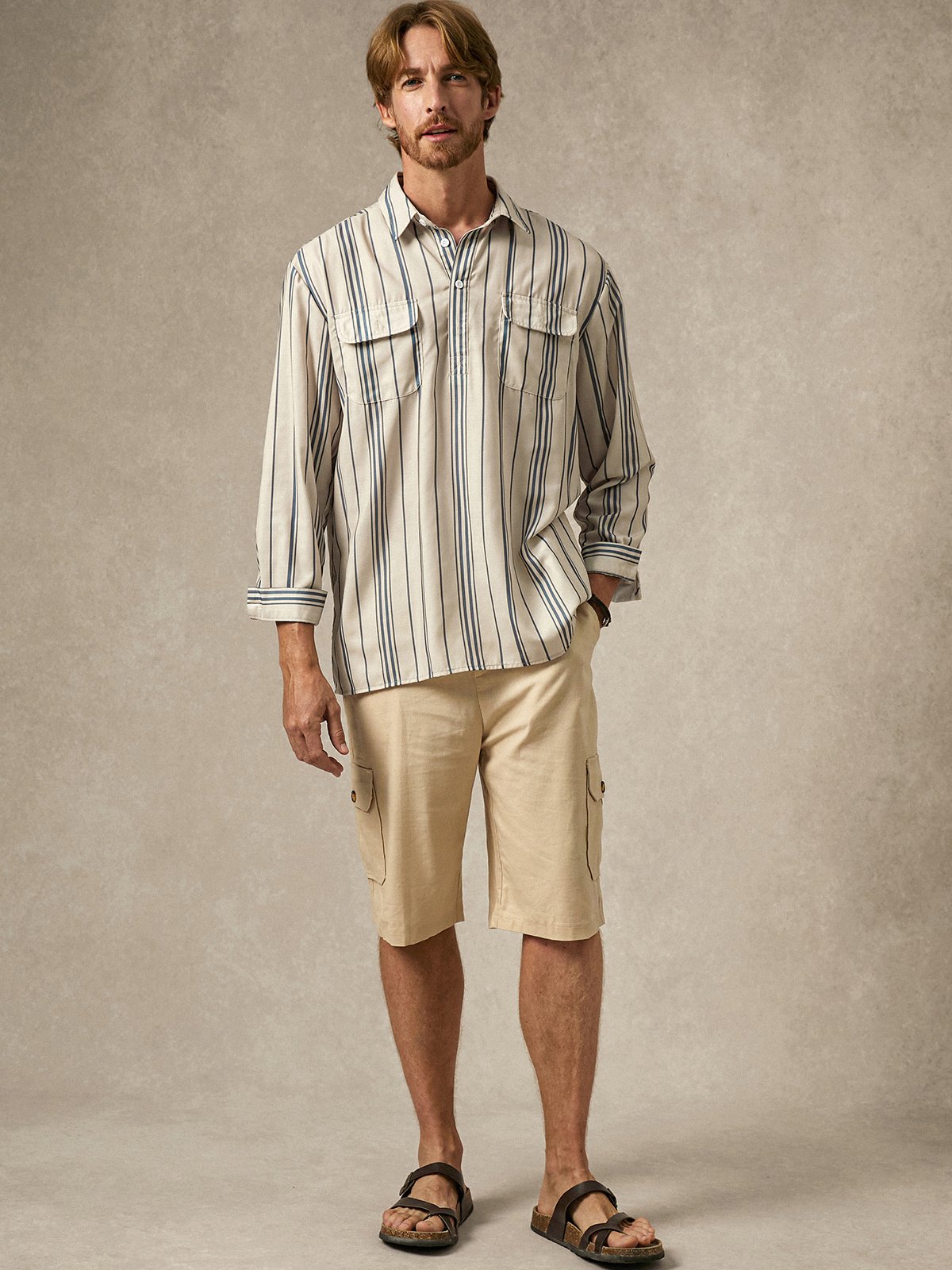 Hardaddy Stripes Flap Pockets Long Sleeve Casual Shirt