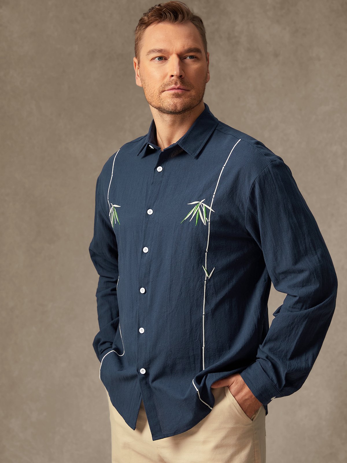 Hardaddy Cotton Bamboo Embroidered Long Sleeve Casual Shirt