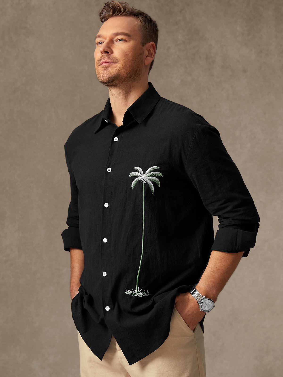 Hardaddy Cotton Coconut Tree Embroidered Long Sleeve Casual Shirt