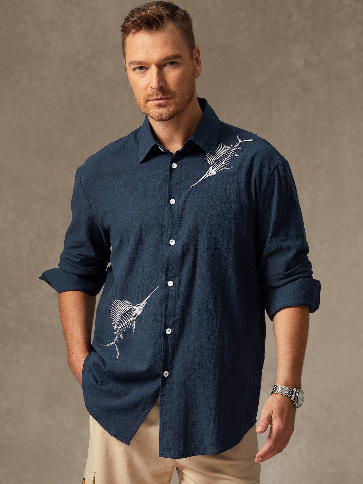 Hardaddy Herringbone Embroidered Long Sleeve Casual Shirt