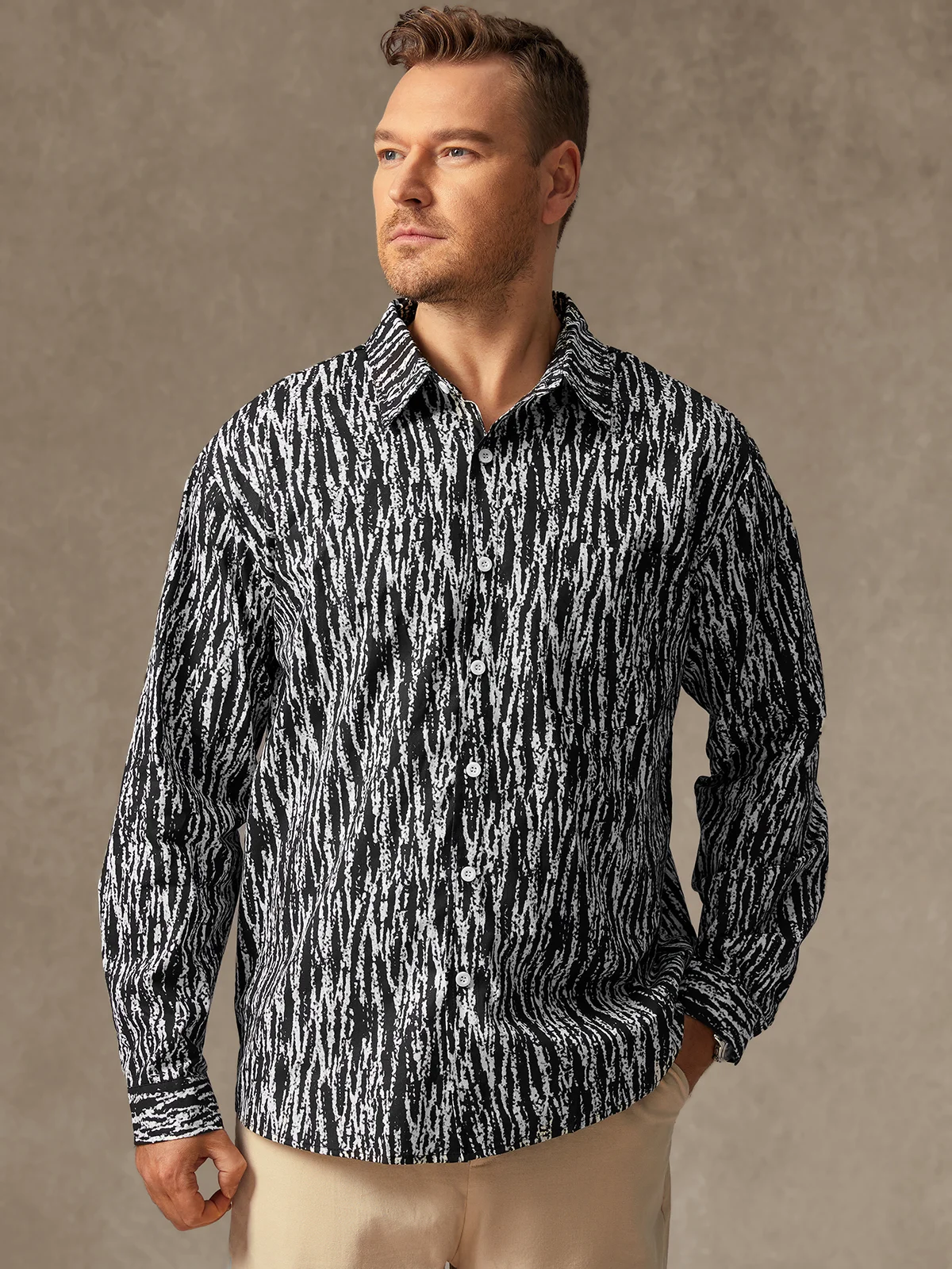 Hardaddy Abstract Striped Print Chest Pocket Long Sleeve Casual Shirt