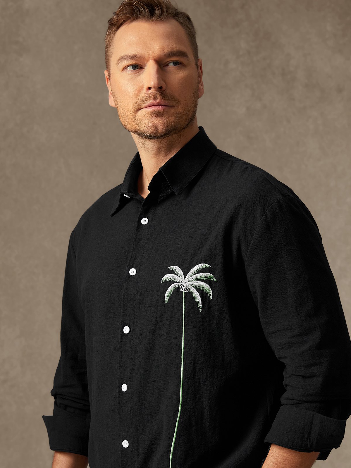 Hardaddy Cotton Coconut Tree Embroidered Long Sleeve Casual Shirt
