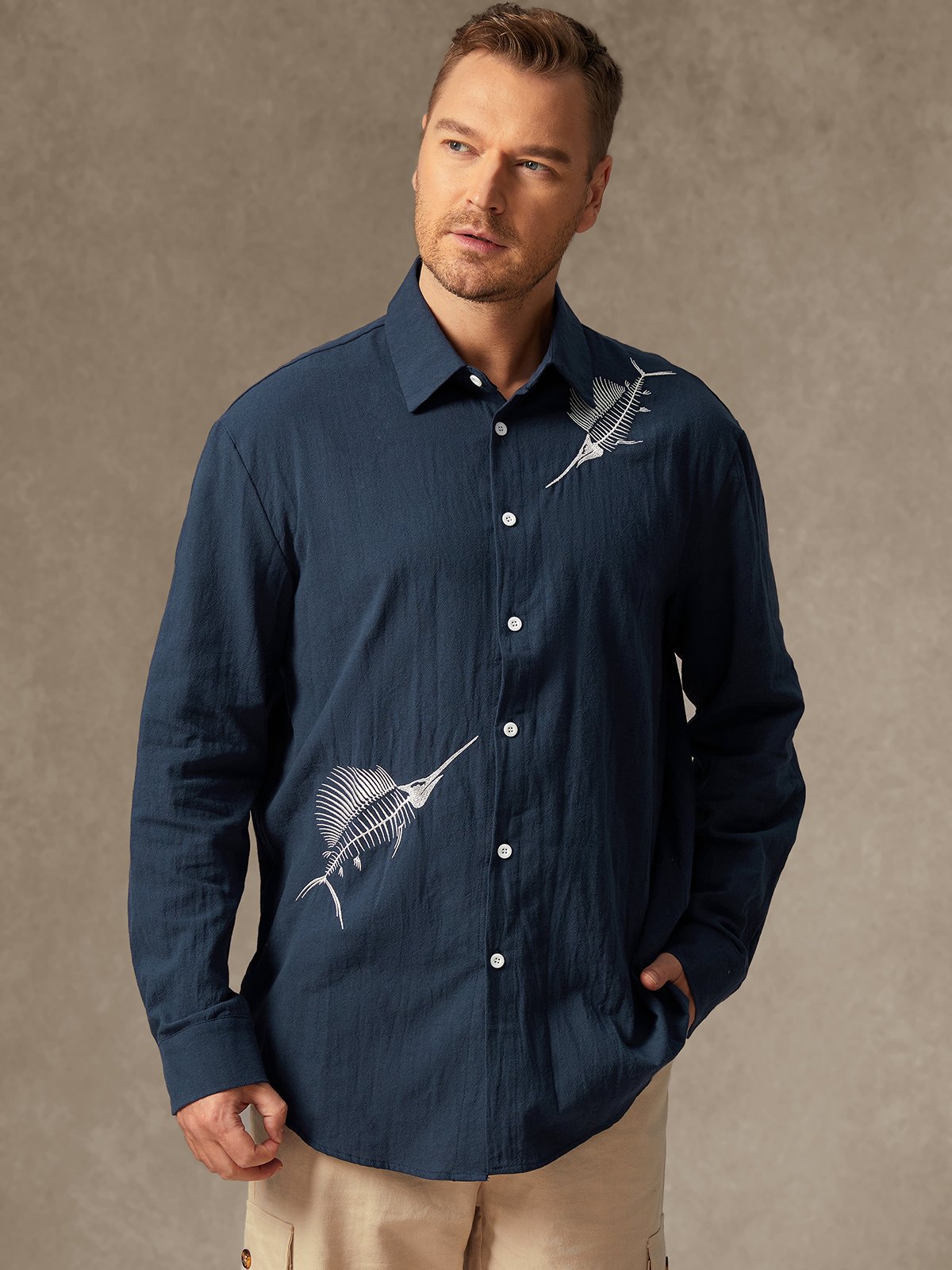 Hardaddy Herringbone Embroidered Long Sleeve Casual Shirt