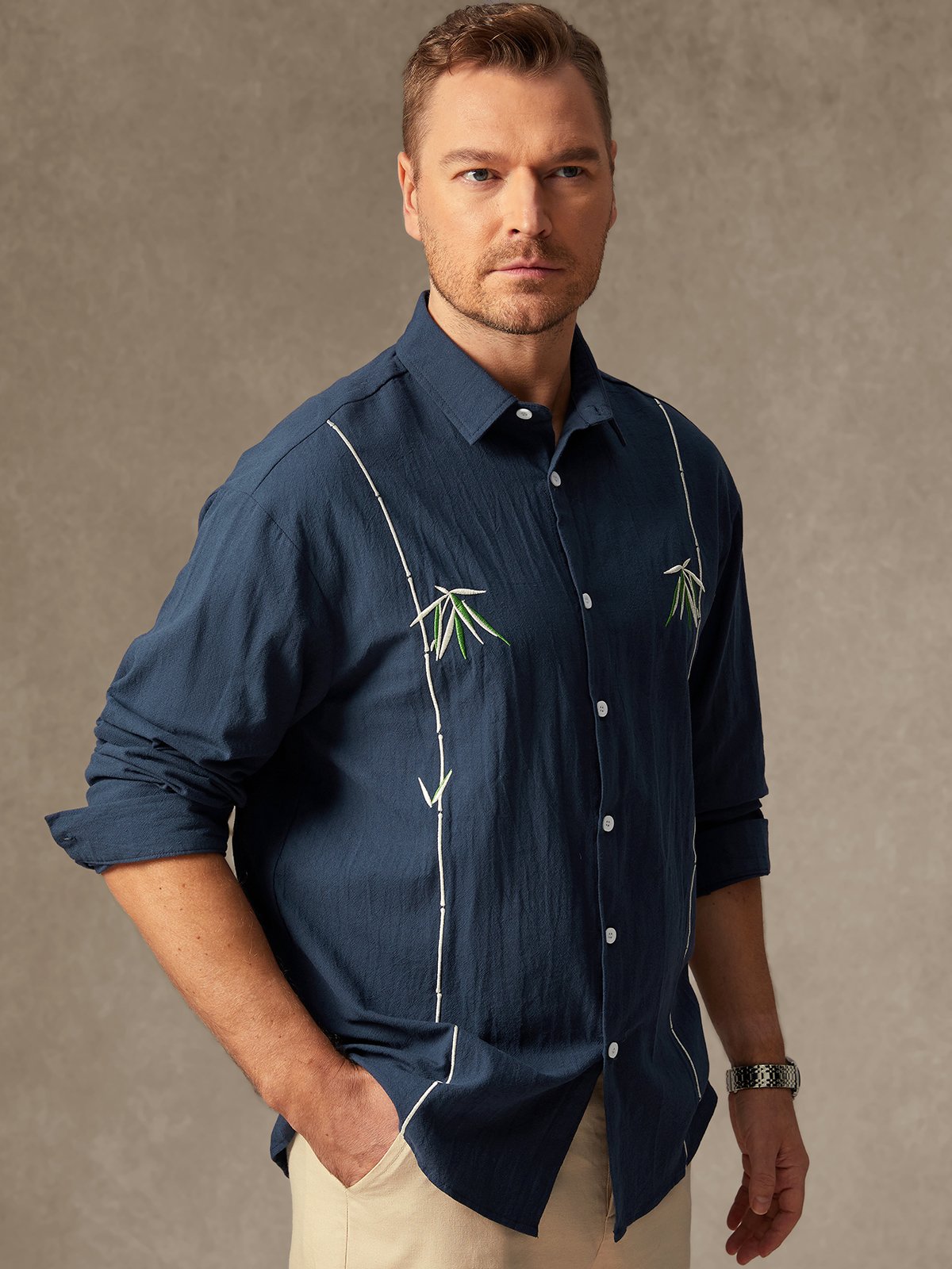 Hardaddy Cotton Bamboo Embroidered Long Sleeve Casual Shirt