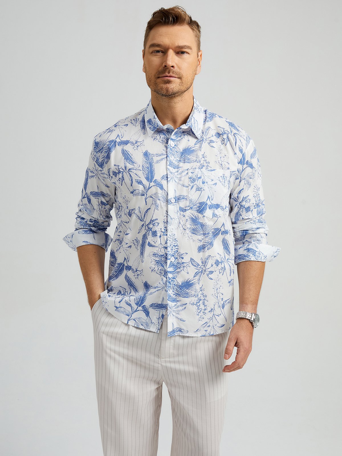 Hardaddy Floral Chest Pocket Long Sleeve Casual Shirt