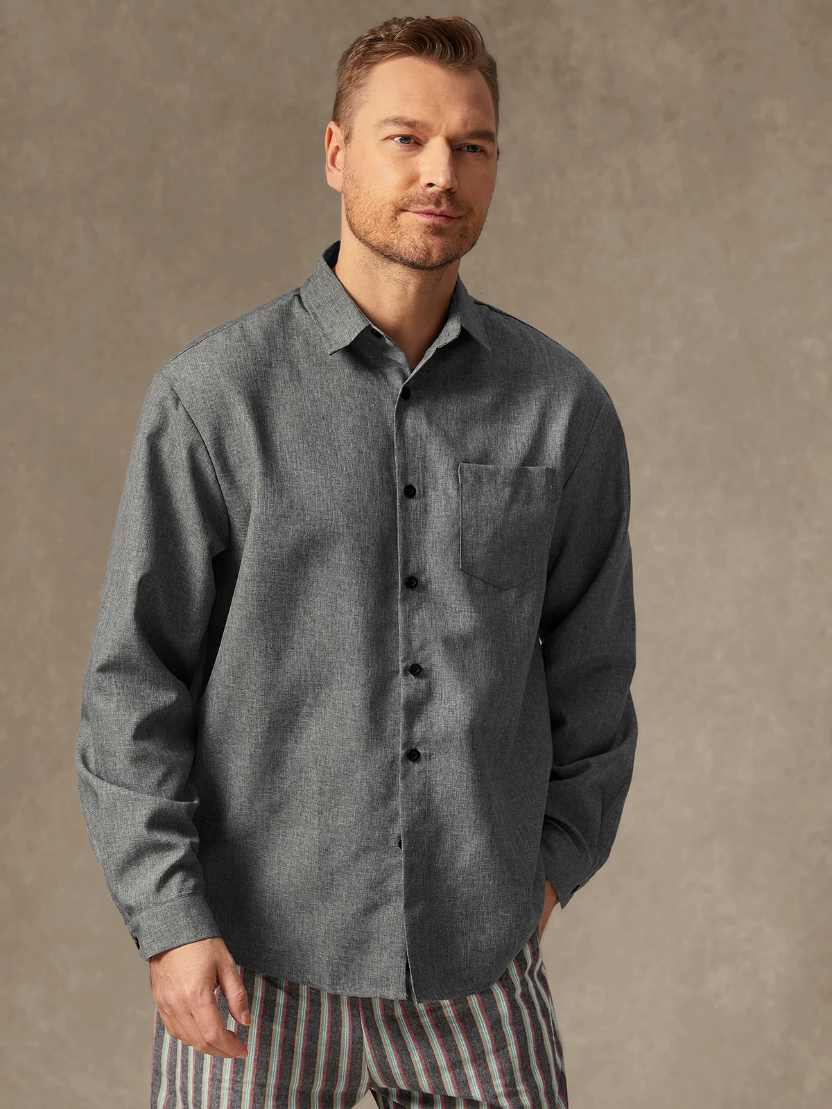 Hardaddy Plain Textured Fabric Long Sleeve Casual Shirt