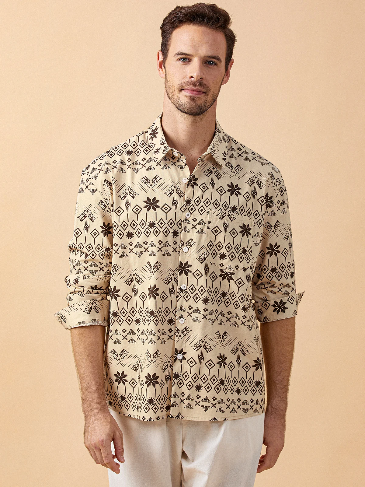 Hardaddy Ethnic Geometric Print Chest Pocket Long Sleeves Casual Shirt