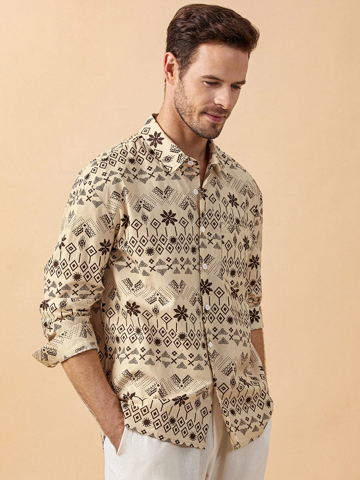 Hardaddy Ethnic Geometric Print Chest Pocket Long Sleeves Casual Shirt