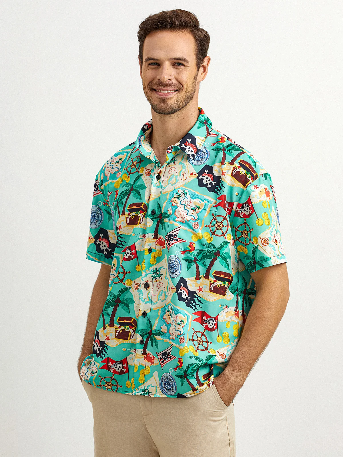 Nautical Map Chest Pocket Short Sleeve Hawaii Shirt