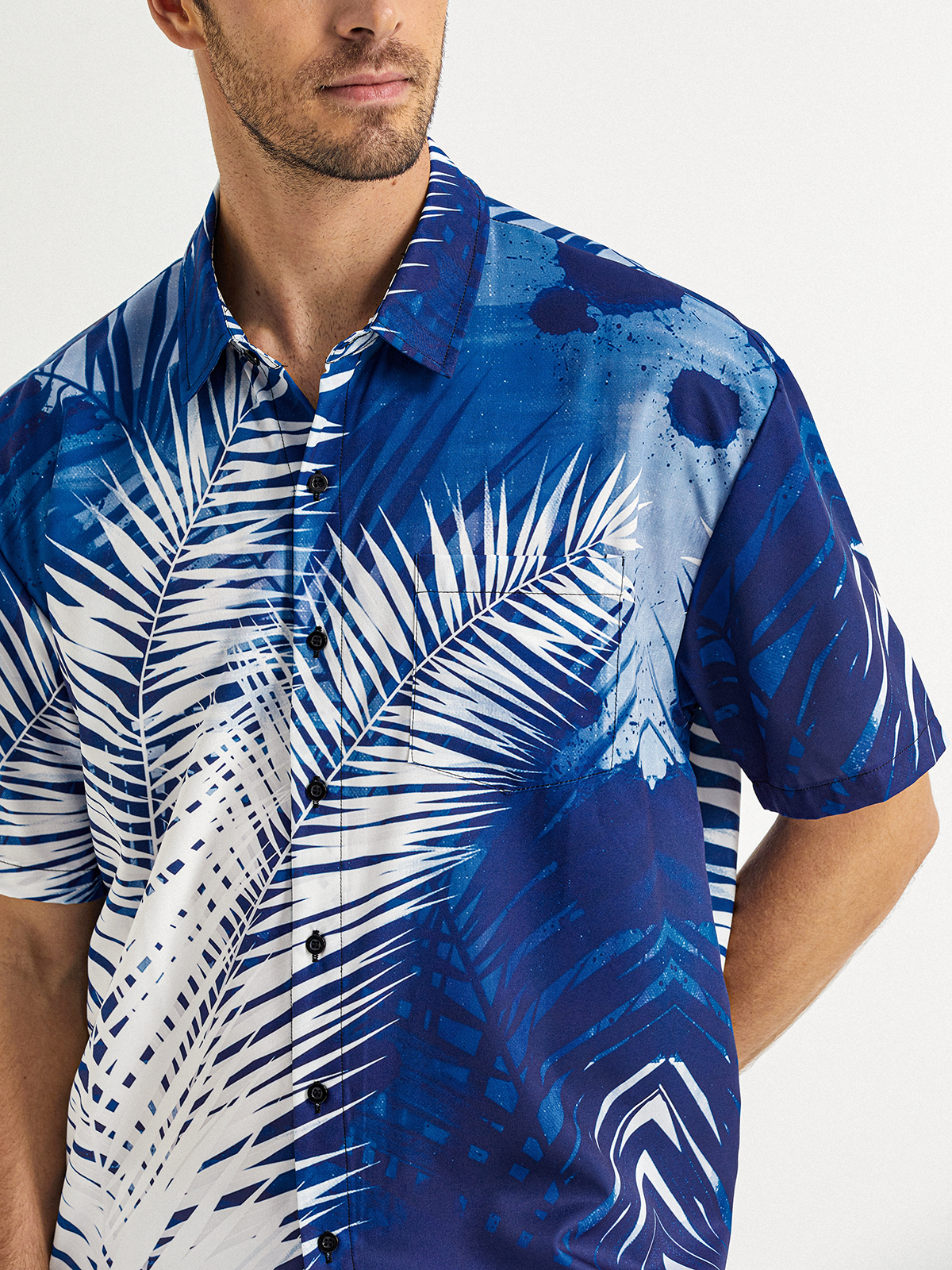 Palm Leaf Chest Pocket Short Sleeve Hawaiian Shirt