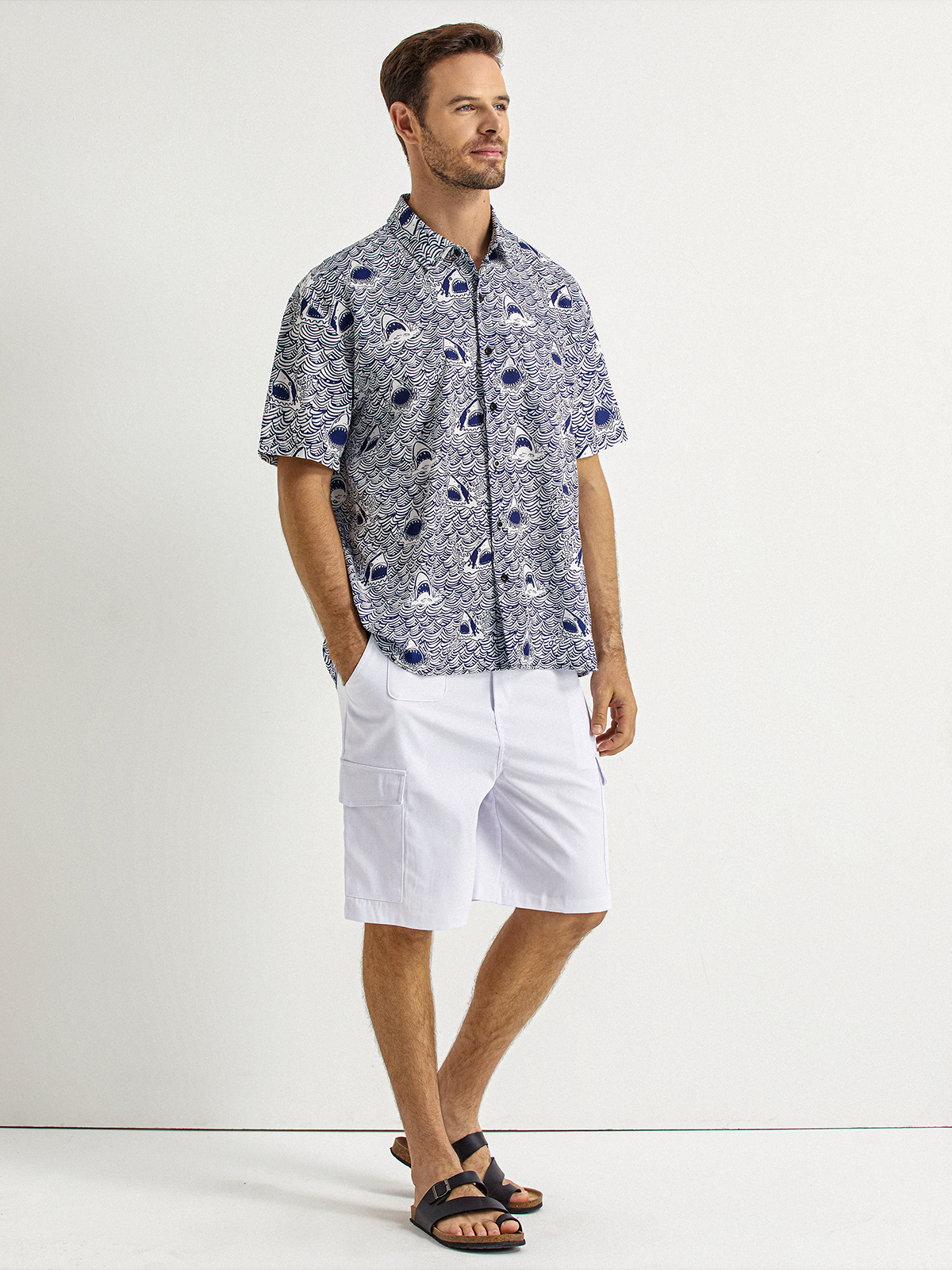 Small Graphic Shark Chest Pocket Short Sleeve Hawaiian Shirt