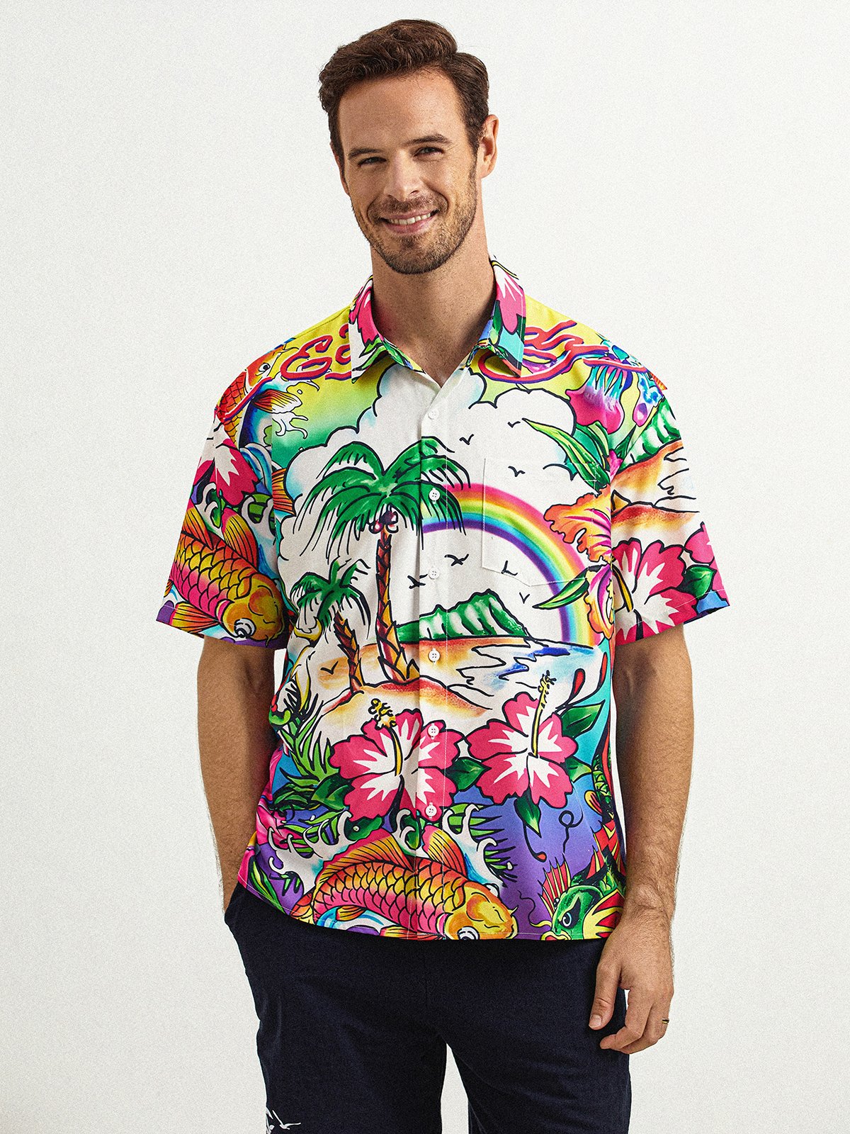 Coconut Tree Floral Chest Pocket Short Sleeve Hawaiian Shirt