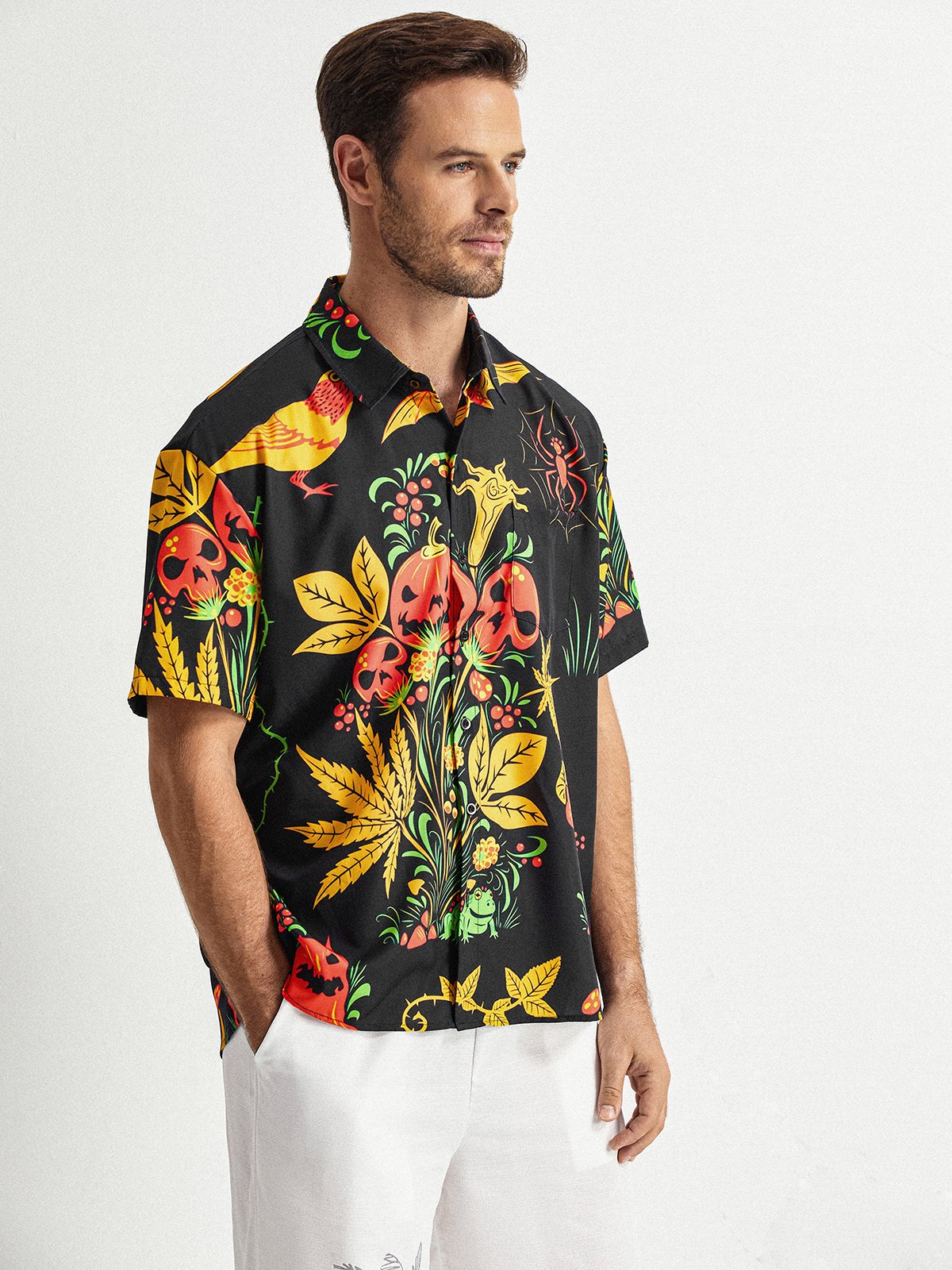 Leaves Chest Pocket Short Sleeve Hawaiian Shirt