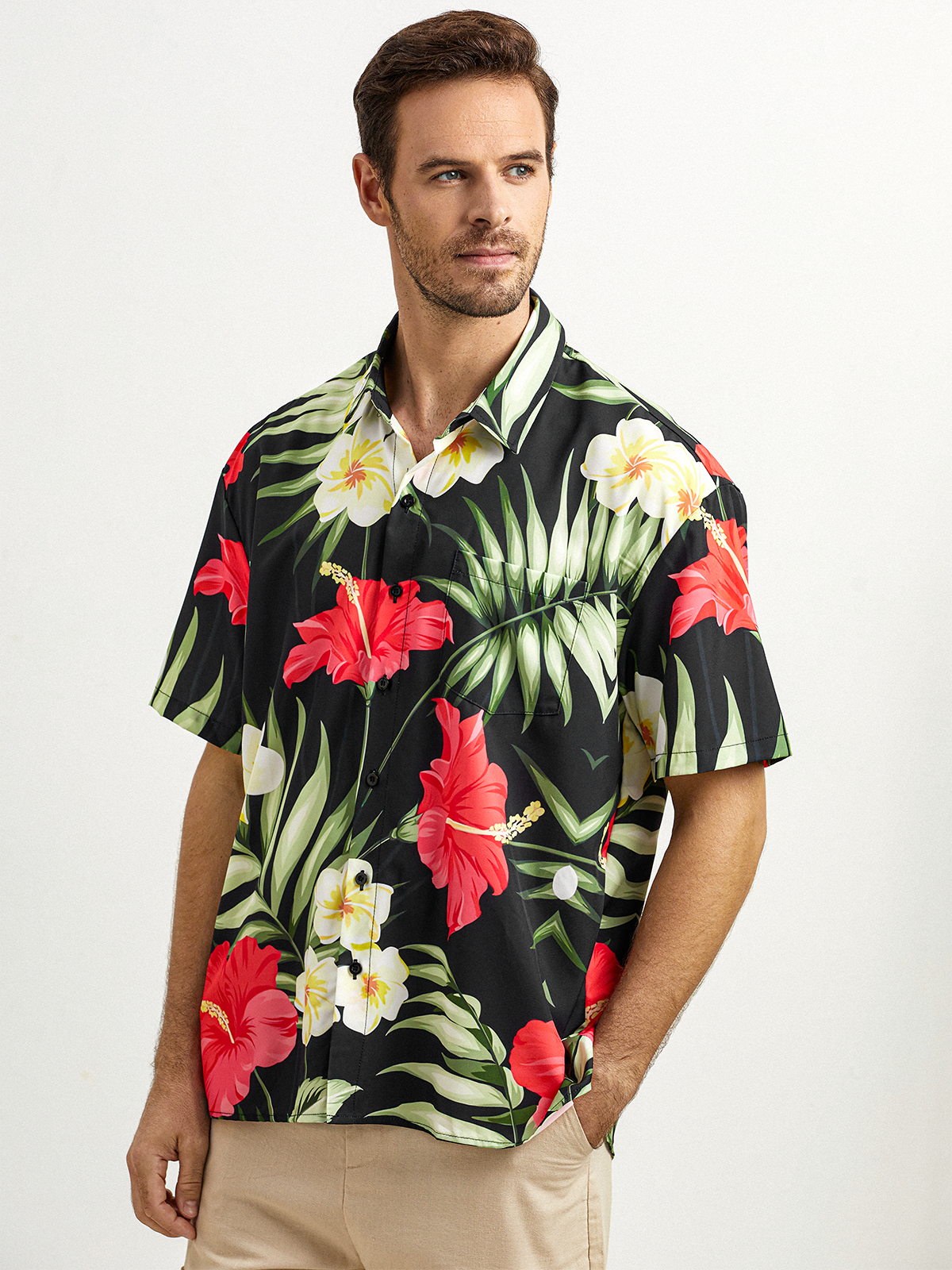 Floral Chest Pocket Short Sleeve Hawaiian Shirt