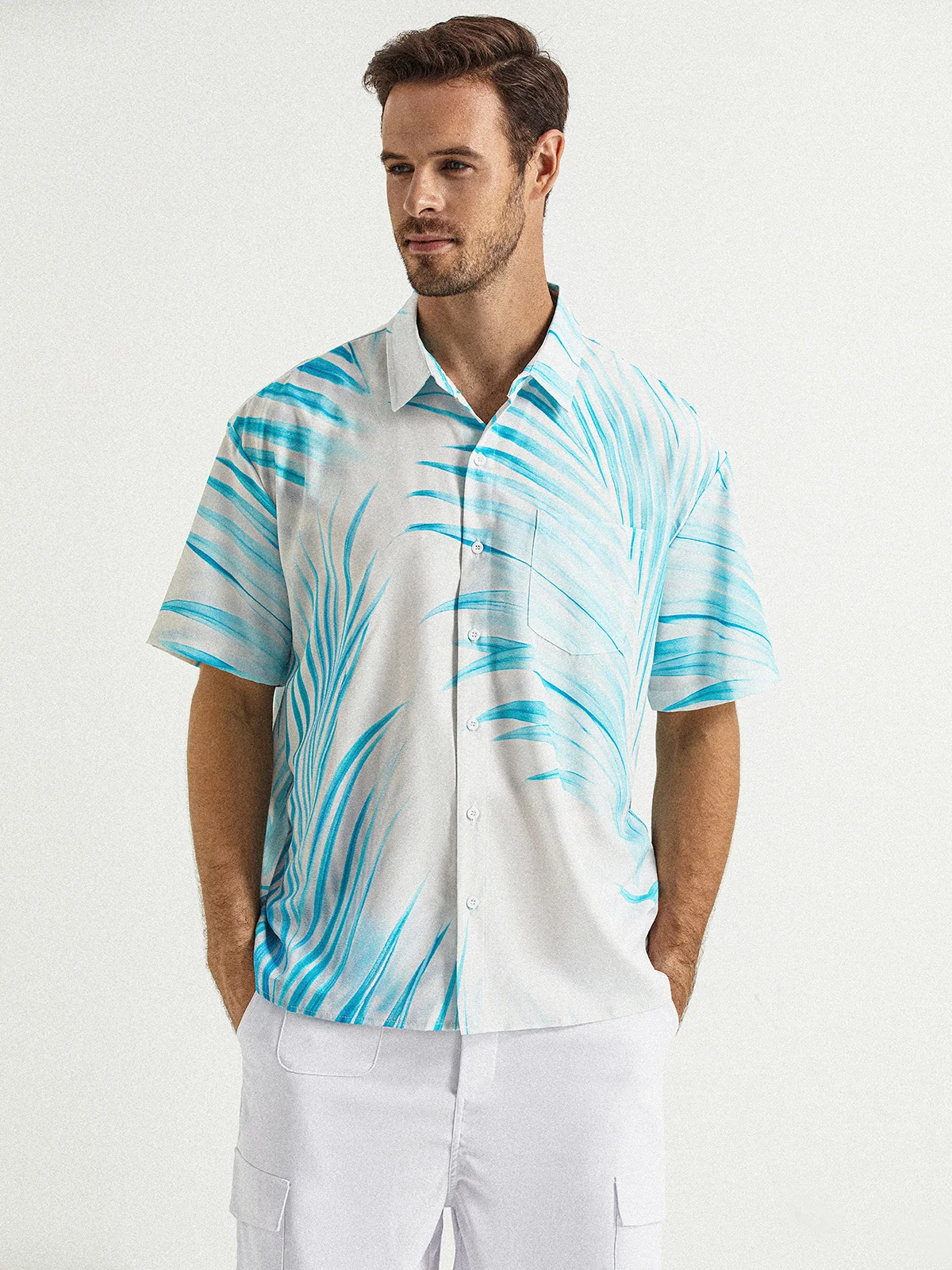 Palm Leaf Chest Pocket Short Sleeve Hawaiian Shirt