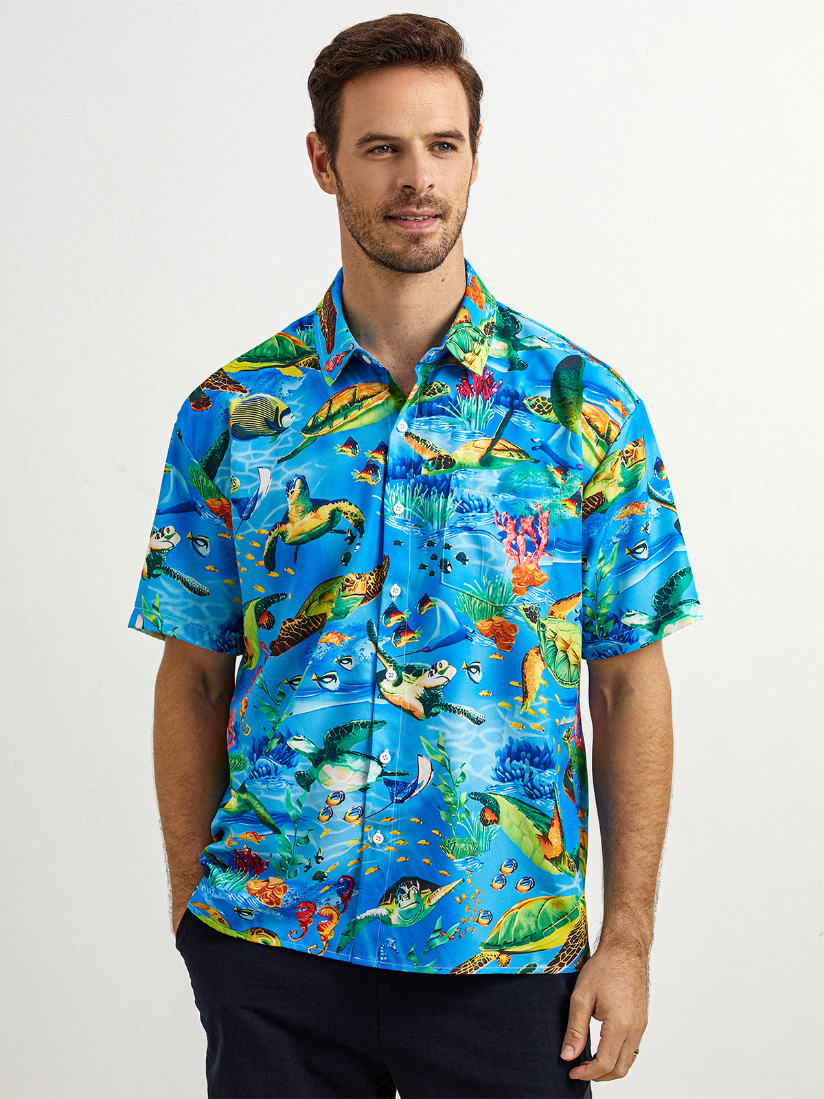 Ocean Animals Chest Pocket Short Sleeve Hawaiian Shirt