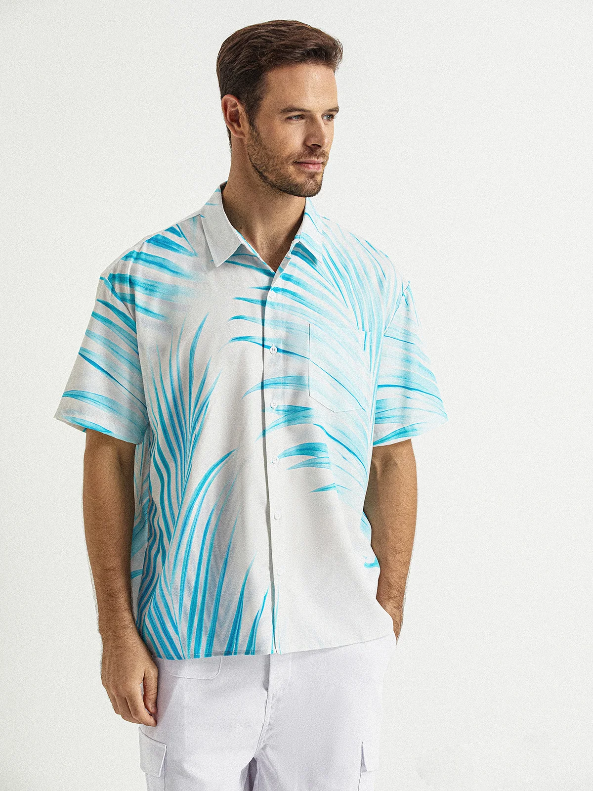 Palm Leaf Chest Pocket Short Sleeve Hawaiian Shirt