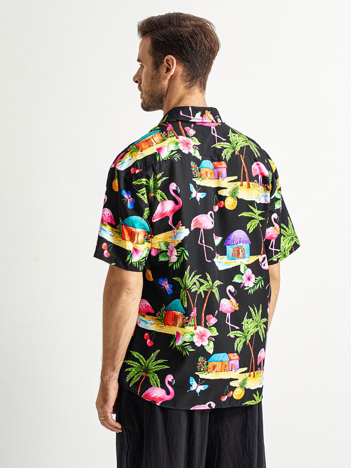 Flamingo Chest Pocket Short Sleeve Hawaiian Shirt