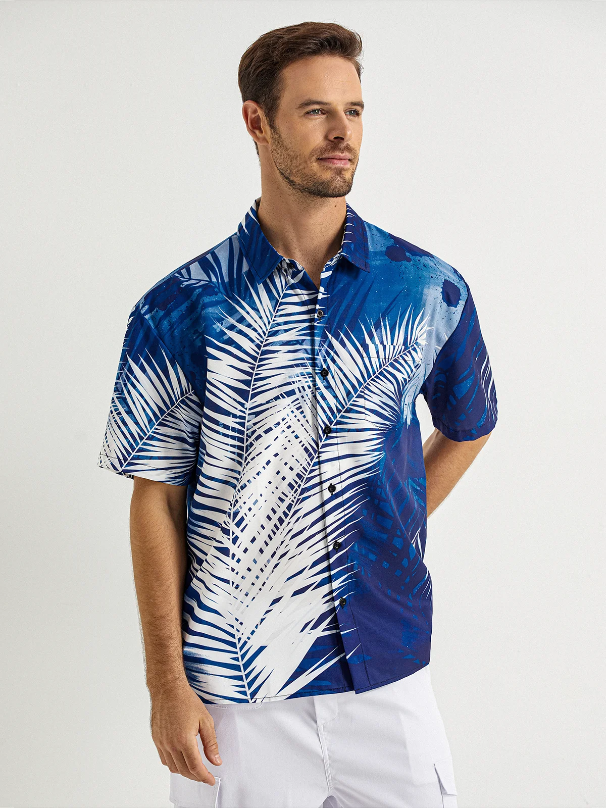 Palm Leaf Chest Pocket Short Sleeve Hawaiian Shirt