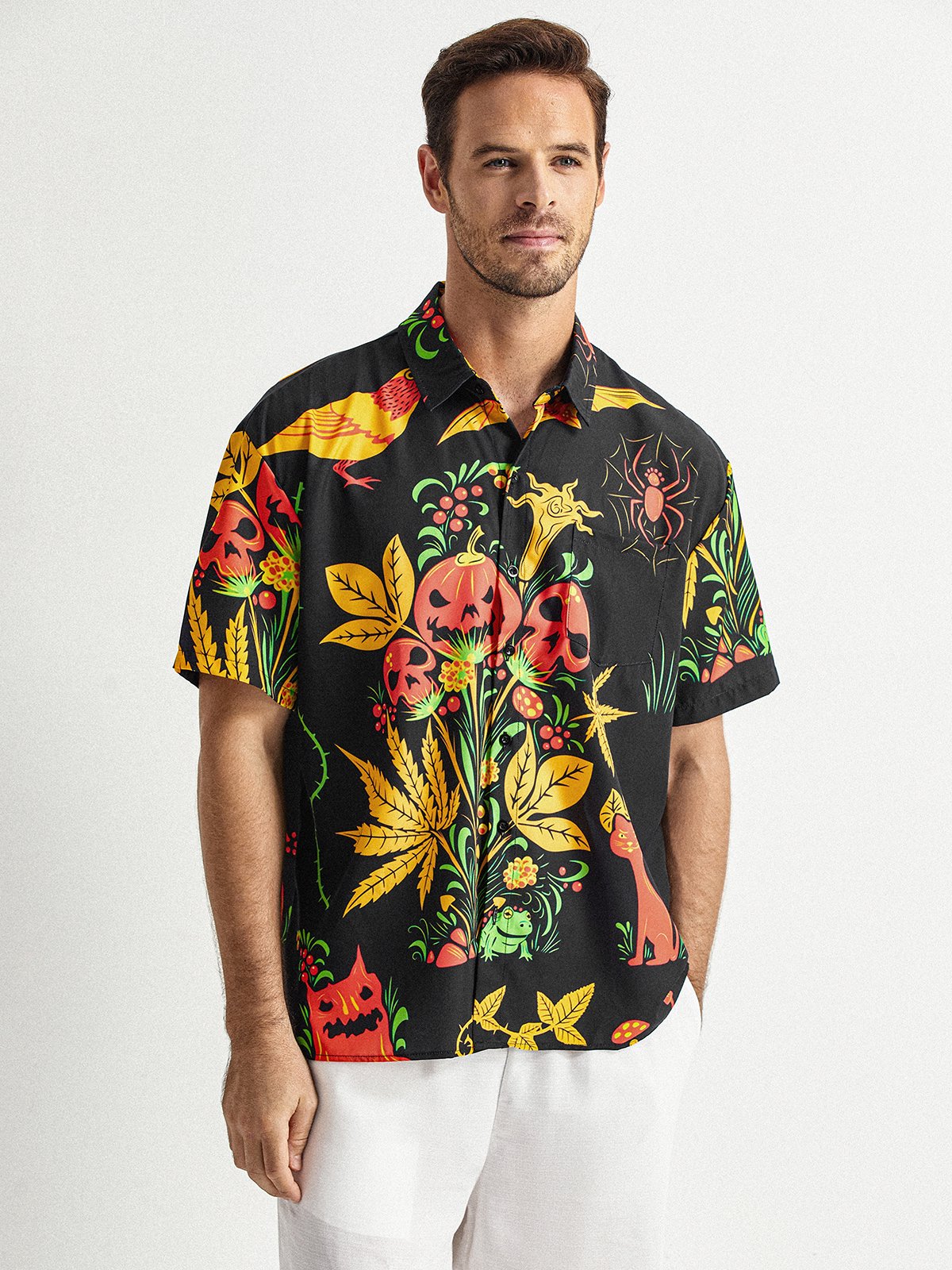 Leaves Chest Pocket Short Sleeve Hawaiian Shirt