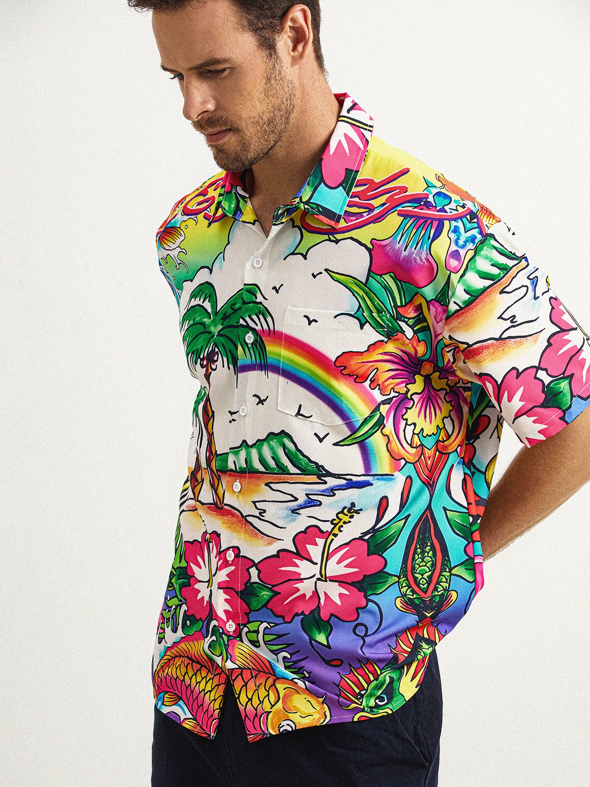 Coconut Tree Floral Chest Pocket Short Sleeve Hawaiian Shirt