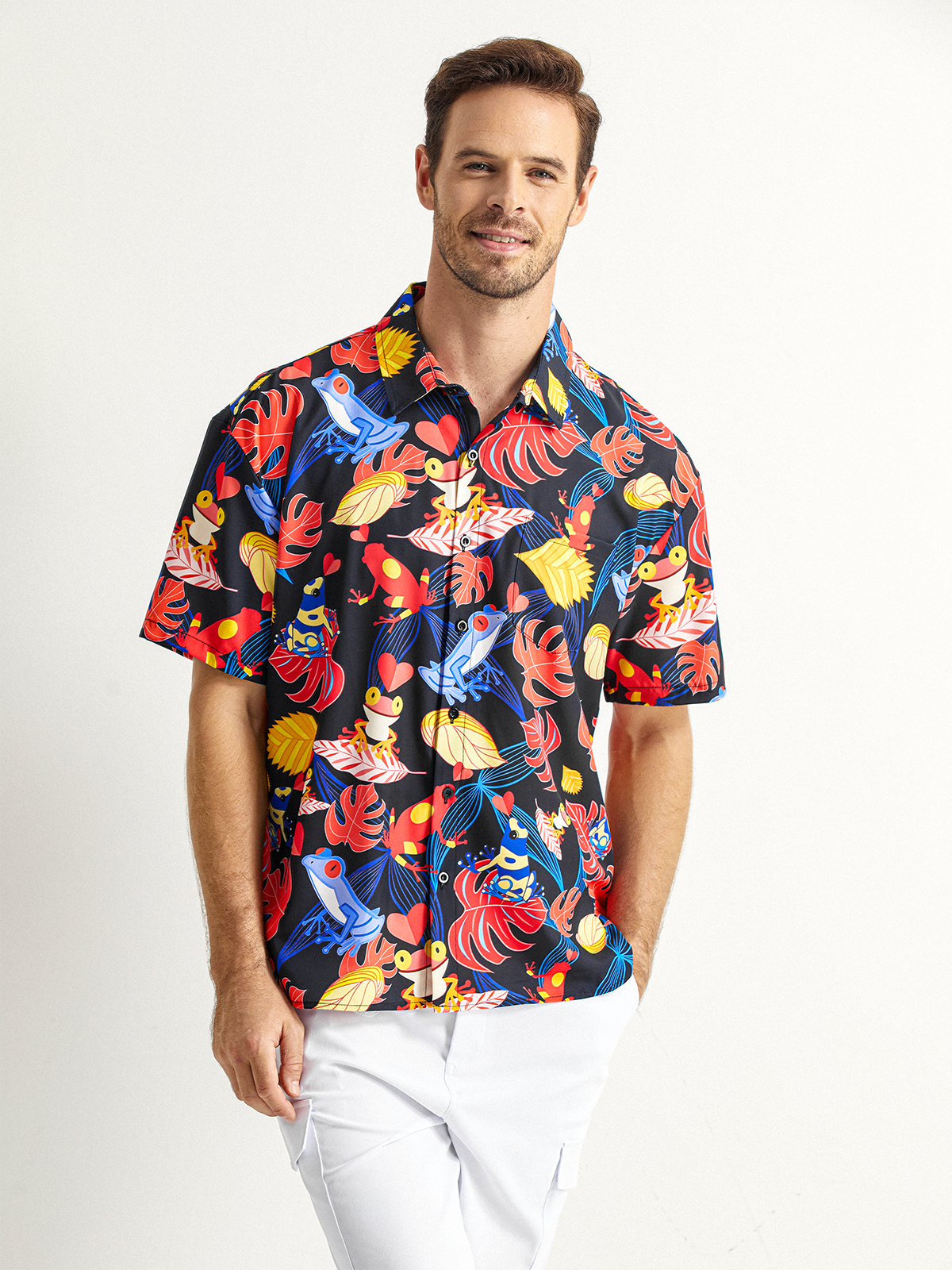 Frog Chest Pocket Short Sleeve Hawaiian Shirt