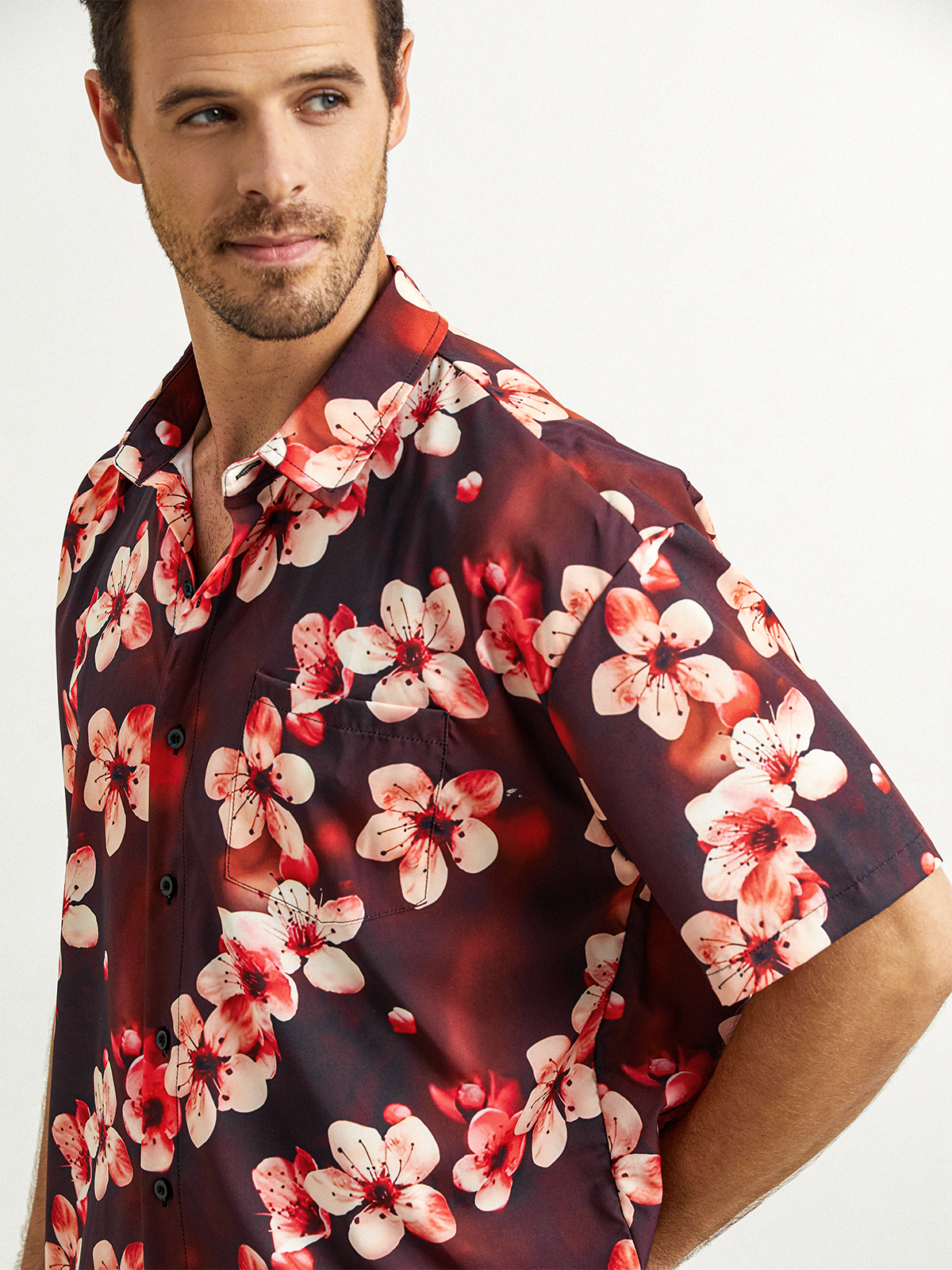 3D Flower Chest Pocket Short Sleeve Casual Shirt