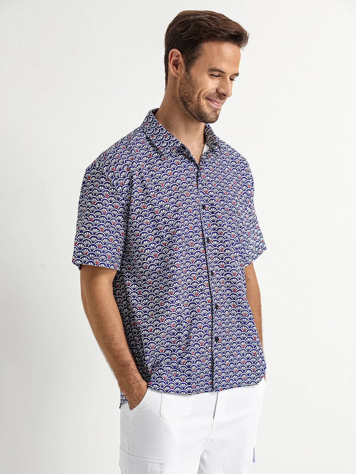 Japanese Pattern Chest Pocket Short Sleeve Casual Shirt