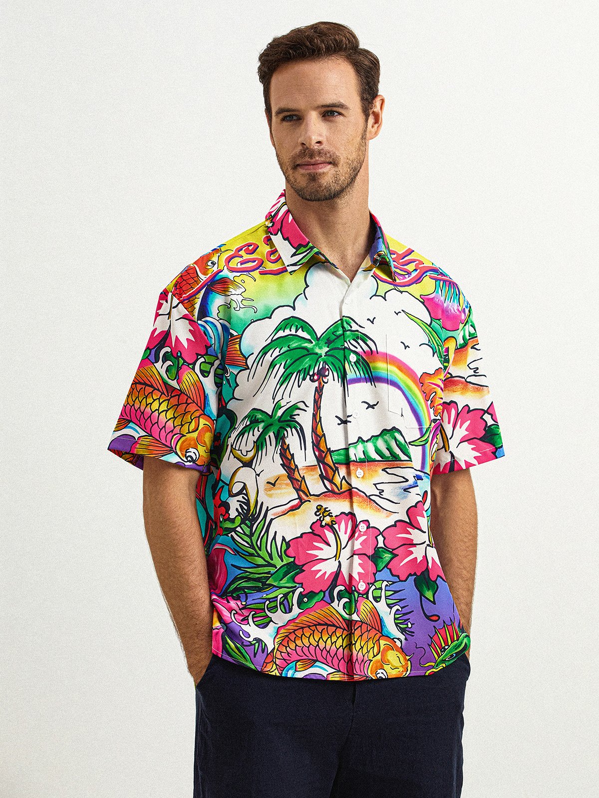 Coconut Tree Floral Chest Pocket Short Sleeve Hawaiian Shirt