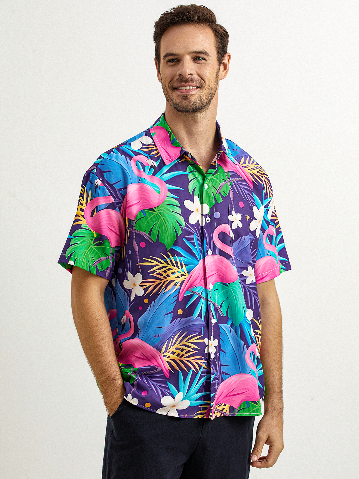 Flamingo Chest Pocket Short Sleeve Hawaiian Shirt