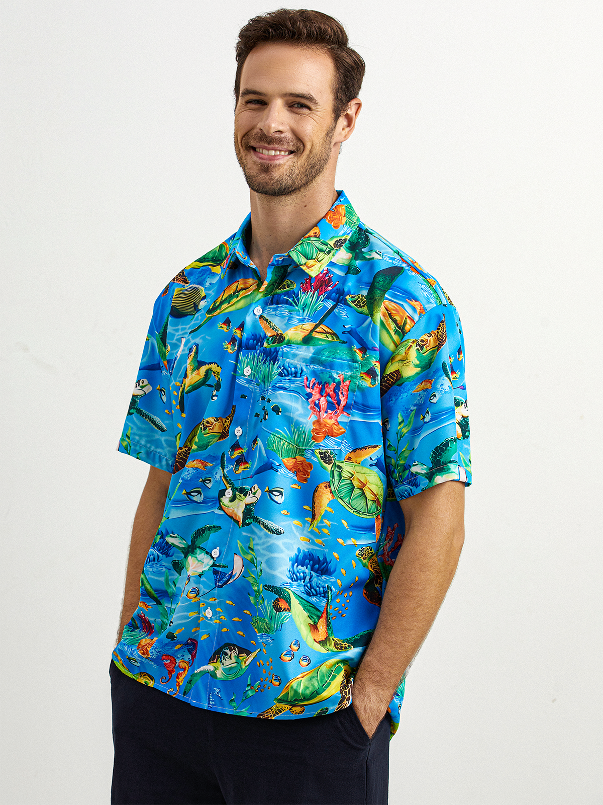 Ocean Animals Chest Pocket Short Sleeve Hawaiian Shirt