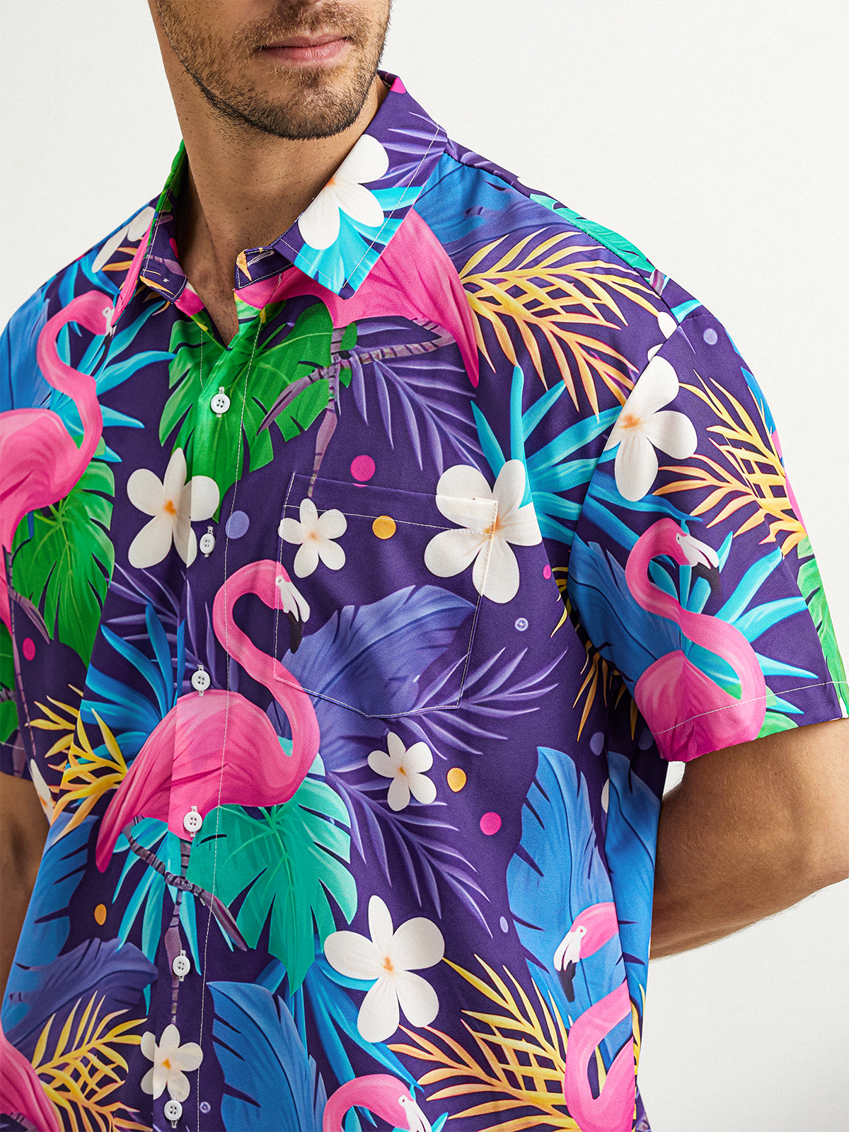 Flamingo Chest Pocket Short Sleeve Hawaiian Shirt