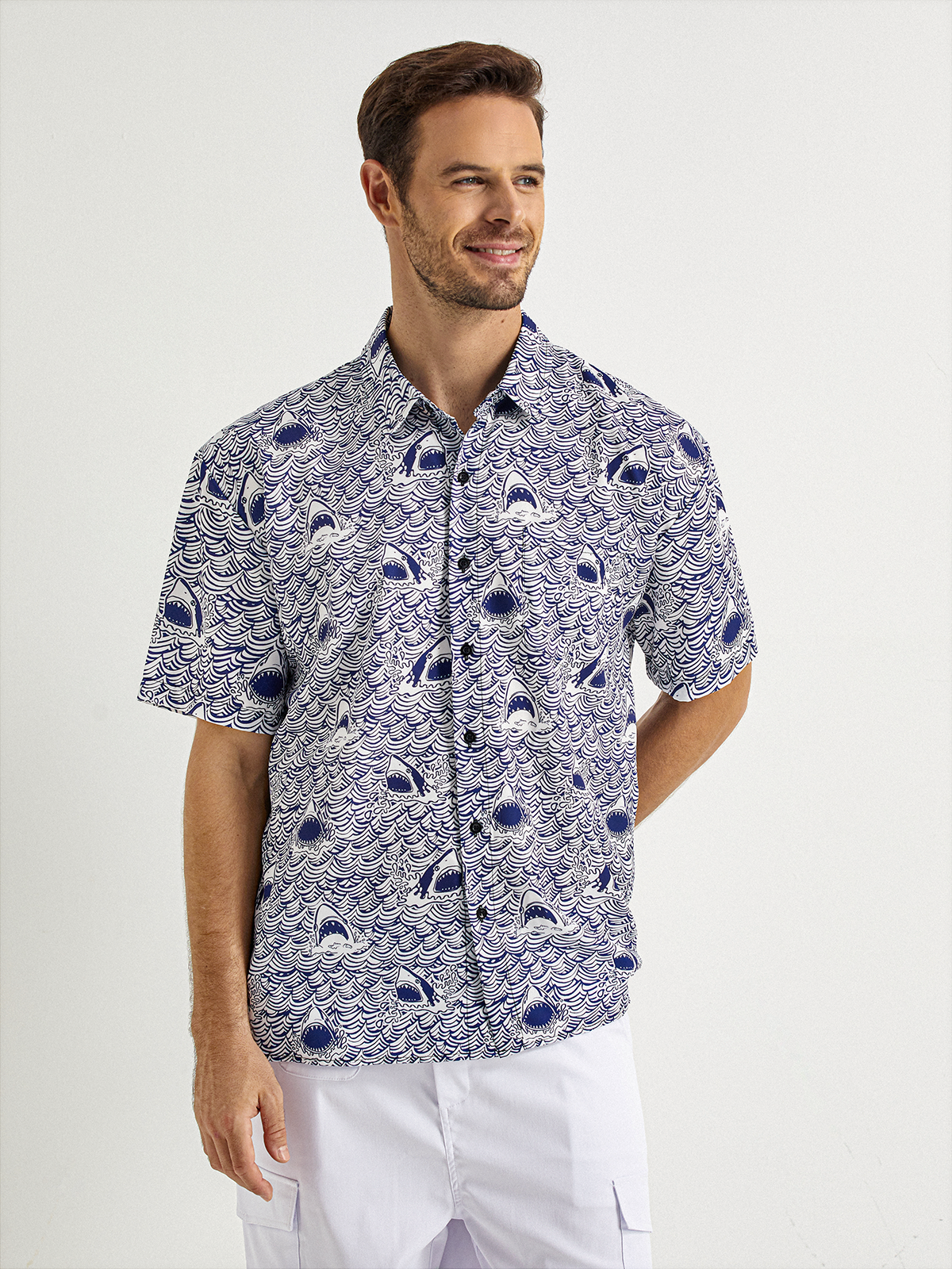 Small Graphic Shark Chest Pocket Short Sleeve Hawaiian Shirt