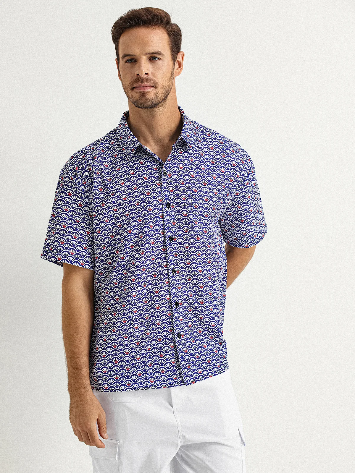 Japanese Pattern Chest Pocket Short Sleeve Casual Shirt